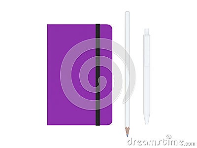 Purple moleskine or notebook with pen and pencil and a black strap front or top view isolated on a white background 3d rendering Stock Photo