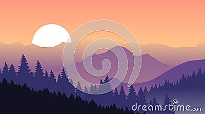 Purple mountains on a background of pink sky. Vector Illustration