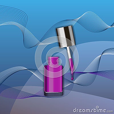 Purple nail polish in glass bottle open lid and color blot of nail polish Vector Illustration