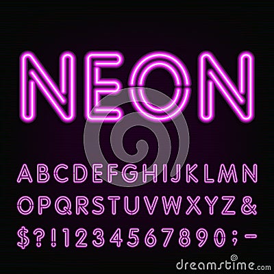 Purple Neon Light Alphabet Font. Vector Illustration