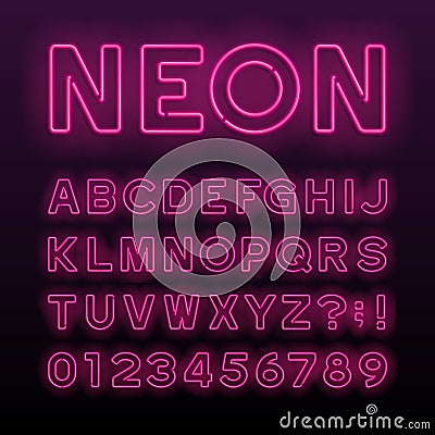 Purple neon tube alphabet font. Neon color letters, numbers and symbols. Vector Illustration