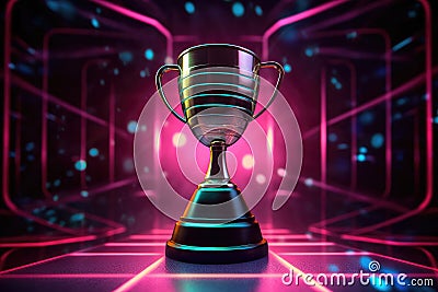 Purple neon winner and champion cup on dark background. Generative AI Stock Photo