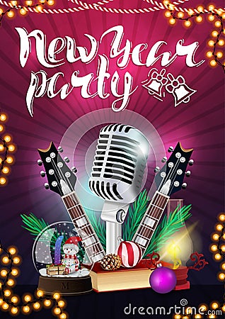 Purple New Year poster with garland, microphone and guitars Vector Illustration