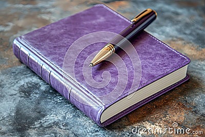 A purple notebook with a gold pen resting on a textured surface, perfect for journaling or note-taking tasks. Generative AI Stock Photo