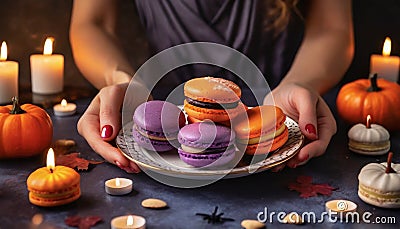 purple orange macaroons on a plate in women's hands Stock Photo