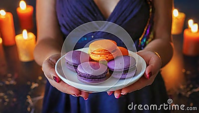 purple orange macaroons on a plate in women's hands Stock Photo