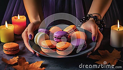 purple orange macaroons on a plate in women's hands Stock Photo