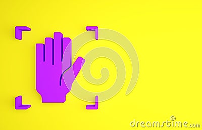 Purple Palm print recognition icon isolated on yellow background. Biometric hand scan. Fingerprint identification Cartoon Illustration