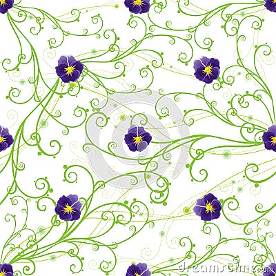 Purple pansies and green swirls Vector Illustration