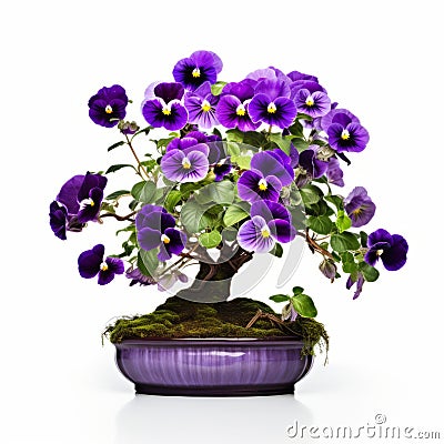 Purple Pansy Bonsai: A Stunning Symmetrical Arrangement In Traditional Japanese Style Stock Photo