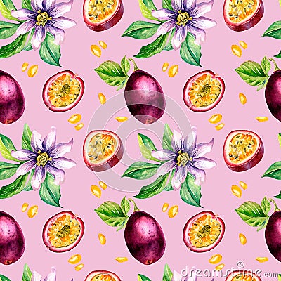 Purple passion fruit and splash juice watercolor seamless pattern isolated on pink. Stock Photo