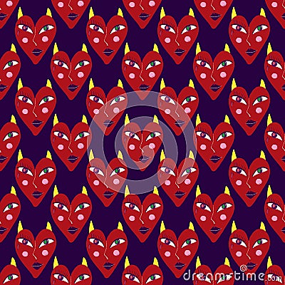 Purple pattern with red devilish hearts for Valentine's Day and Halloween holidays Vector Illustration