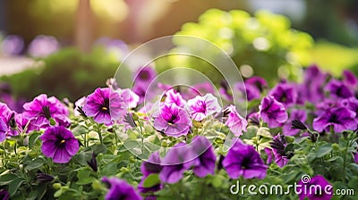 Purple petunia flowers bed on beautiful blurred nature background Stock Photo