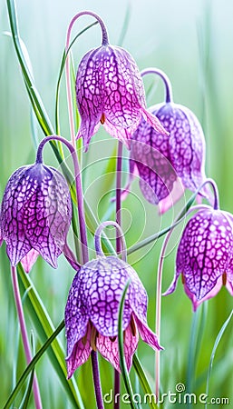 Purple and pink checkered Fritillaria Meleagris in a fresh spring setting Stock Photo