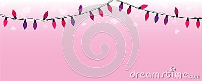 Purple and pink fairy lights on pink background with hearts Vector Illustration