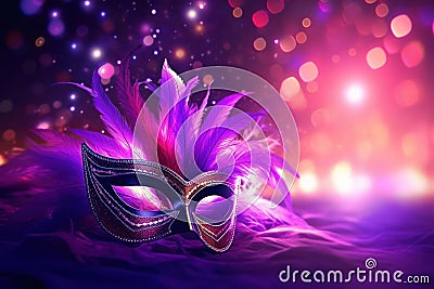 a purple and pink feathered mask Stock Photo