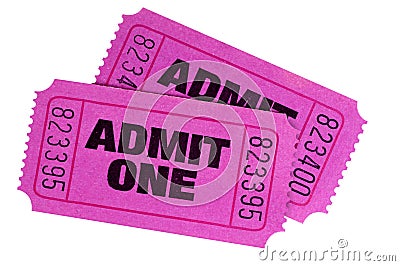 Purple pink admit one movie tickets isolated white background Stock Photo