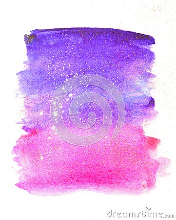 Purple, pink watercolor stains on white background with golden glitter Stock Photo