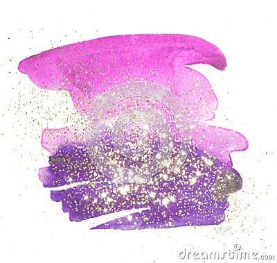 Purple, pink watercolor stains on white background with golden glitter Stock Photo