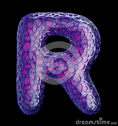 Purple plastic letter R with abstract holes. 3d Stock Photo