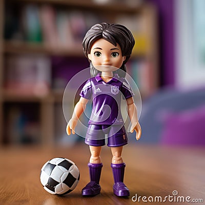 Realistic Toy Soccer Girl Doll With Dark Purple Uniform Stock Photo