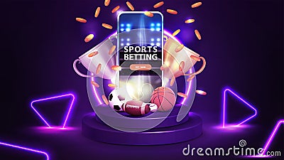 Purple podium with neon ring on background, smartphone, champion cups, falling gold coins and sport balls. Stock Photo