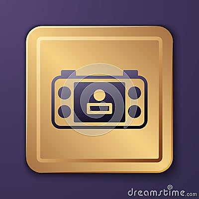 Purple Portable video game console icon isolated on purple background. Handheld console gaming. Gold square button Vector Illustration
