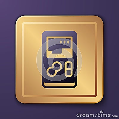 Purple Portable video game console icon isolated on purple background. Handheld console gaming. Gold square button Stock Photo