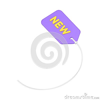 Purple price 3d tag. Volumetric sticker with product advertisement and rope for fasteners Vector Illustration