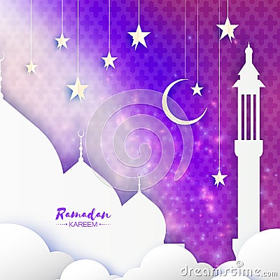 Purple Ramadan Kareem Greeting card.. Arabic window Mosque, clouds, white stars. Paper cut style. Arabesque pattern Vector Illustration