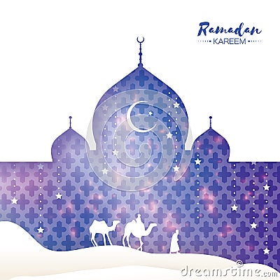 Purple Ramadan Kareem Greeting card. Arabic window Mosque, desert, camel, stars. Paper cut style. Arabesque pattern Vector Illustration