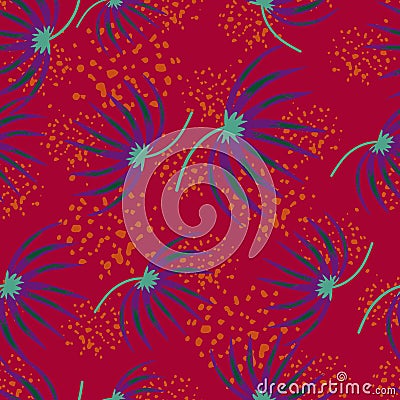 Purple random tropic bush seamless pattern in doodle style. Pink background with splashes. Doodle style Vector Illustration