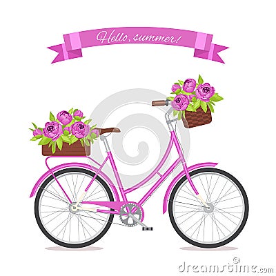 Purple retro bicycle with bouquet in floral basket and box on trunk for wedding, congatulation banner, invite, card Vector Illustration