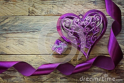 Purple ribbon, heart and gift box Stock Photo