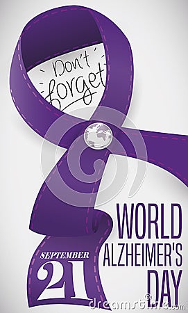 Purple Ribbon with Needlework and Button for World Alzheimer`s Day, Vector Illustration Vector Illustration