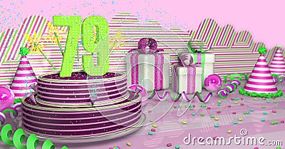 Purple round 79 birthday cake decorated with colored sparks and pink lines on a table with green streamers, party hats, gift boxes Stock Photo