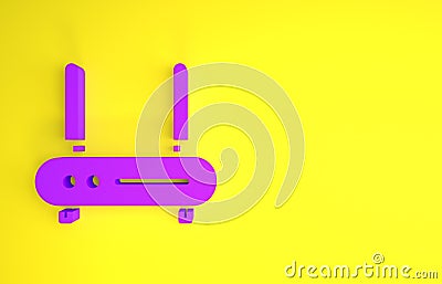 Purple Router and wi-fi signal icon isolated on yellow background. Wireless ethernet modem router. Computer technology Cartoon Illustration
