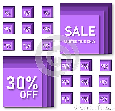 Purple sale and discount stickers isolated on white, vector illustration Vector Illustration