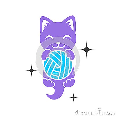 A purple shape of kitten with ball in paws. Cat logo. Simple animal logotype for shop and handmade company Vector Illustration