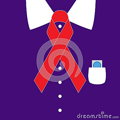 World aids day red ribbon instead tie and condom inside pocket Vector Illustration