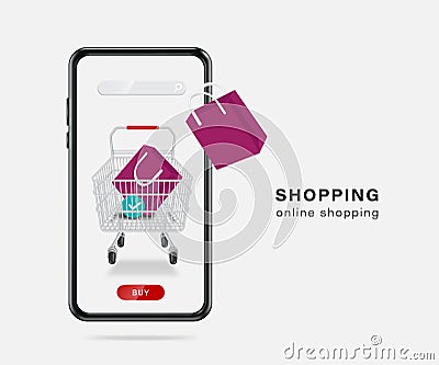 Purple shopping bag is placed in shopping cart and order confirmation icon is placed next to it and all on smartphone Vector Illustration