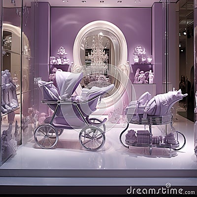 Purple silver whit Strollers baby designer store front inside lobby Generative AI Stock Photo