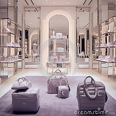 Purple silver whit Strollers baby designer store front inside lobby Generative AI Stock Photo