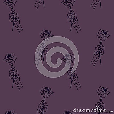 Outlined Purple Skeleton Hands Holding Roses Seamless Repeat Design Vector Illustration