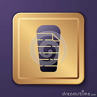 Purple Sleeping bag icon isolated on purple background. Gold square button. Vector Vector Illustration