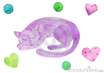 A purple sleeping cat among hearts and colourful balls Cartoon Illustration