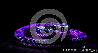 coiled bright purple snake on black background Stock Photo