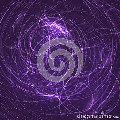 Purple space background. Glowing chaotic curves and sparkling particles. Futuristic vector illustration. Easy to edit design Vector Illustration