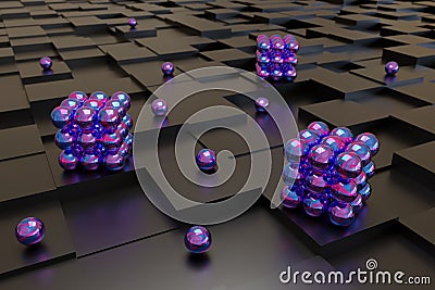 Purple spheres on black cubes. Abstract design. 3d illustration Cartoon Illustration