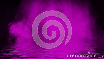 Purple spotlight smoke with reflection in water. Mistery fog texture background. Design element Stock Photo